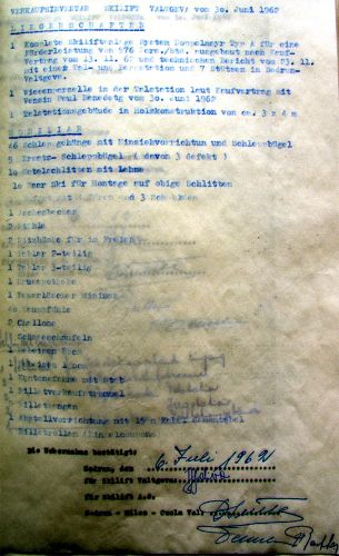 Hier kann was nicht stimmen: Die Rede ist von einem Kaufvertrag vom "13.11.1962", das müsste wohl 1961 heissen... - Interessant: Beim Mobiliar ist die Rede von "Ersatz-Schleppbügeln, davon 3 defekt". Weiter sind u.a. aufgezählt: Kantonsfahne, Aschenbecher, Reibeisen, Billettzangen...
