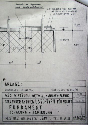 Fundament für stehenden WSO-Antrieb (Zeichnung vom 14.5.1976)
