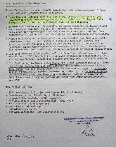 Kantonale Bewilligung zur Erstellung des Skiliftes vom 10.12.1979 mit Hinweis auf die Lawinensicherung
