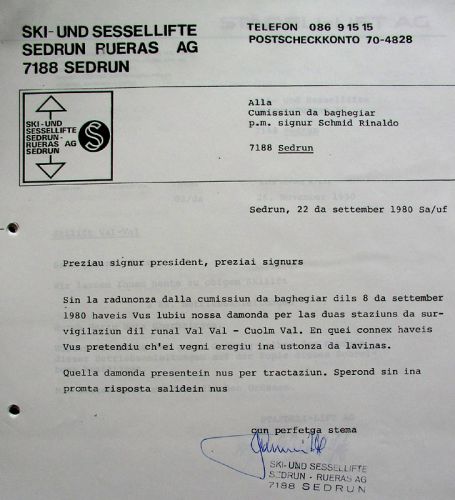Brief der Bergbahnen vom 22.9.1980 betreffend Lawinenverbauungen
