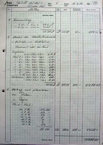 Handschriftliche Notizen, vermutlich Firma Murer (Humusabtrag, Mastenfundamente usw.)
