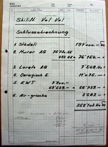 Schlussabrechnung Skilift Val Val: Totalkosten 352'103.40 Franken
