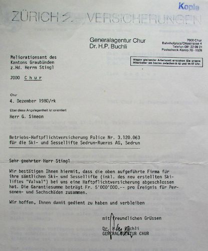 Bestätigung der Haftpflichtversicherung, 4.12.1980 (alle Bilder und Dokumente bis hier: Archiv Bergbahnen Tujetsch)
