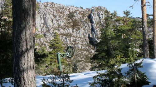 Ein Skilift steht im Walde
