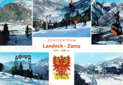 Postkarte Landeck-Zams (Venetseilbahn, Thial-Sessellift), Stempel unlesbar, vermutlich Ende 1970er-Jahre (Rudolf Mathis, Silvrettaverlag Landeck)
