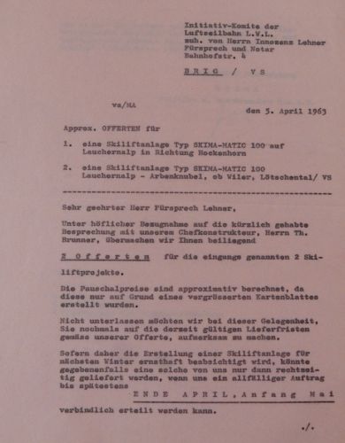 Begleitbriefe der Skima-Offerten (2 Skilifte Lauchernalp) vom 5.4.1963

