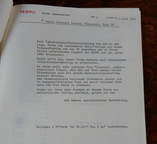 Offerte von Tebru an Innozenz Lehner, Notar in Brig, vom 1.6.1964
