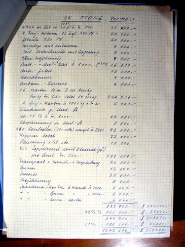 Handschriftliche Notiz zum Bau einer Anlage in Stowe, Vermont
