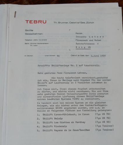 Offerte des später tatsächlich gebauten Tebru-Skiliftes Lauchernalp vom 1.6.1964. Mehr Briefe, Pläne und Offerten [url=http://www.jacomet.ch/themen/skilift/album/thumbnails.php?album=45]hier[/url].
