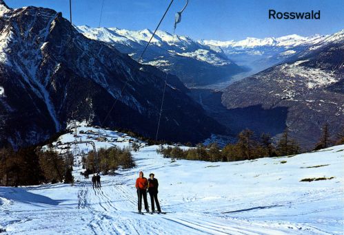 Postkarte Nr. 44795 (Photo Klopfenstein, Adelboden), vermutlich frühe 1970er-Jahre, GMD-Skilift. Archiv Jakob Schuler. Skilift Saflisch, GMD, damals Einzellift mit Portalmasten

