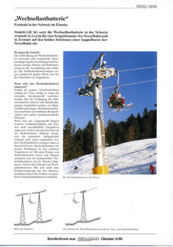 Erste Wechsellast-Batterien von WSO in Leysin, Sonderdruck aus "Seilbahnen" (Oktober, Nr. 5/1990). Laut einem User ist dies aber die von Swoboda erbaute Gschwandkopfbahn in Seefeld...
